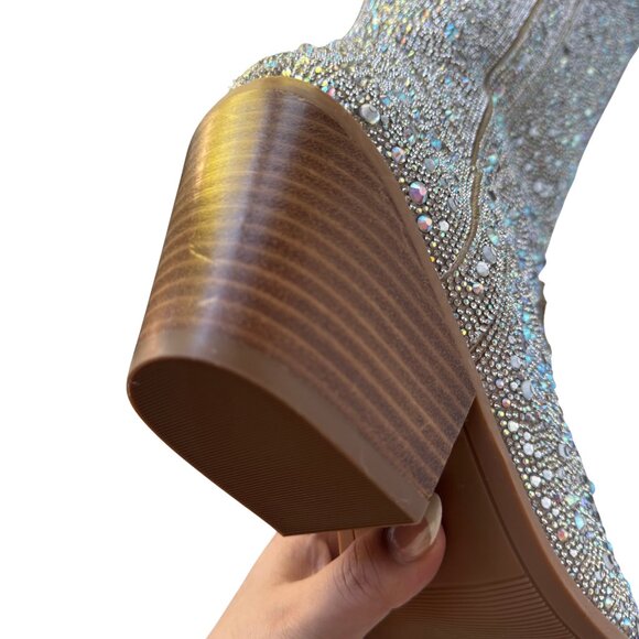 New without Box Western Silver  Sparkle Rhinestone Wide Calf Cowboy Boots - Picture 10 of 15